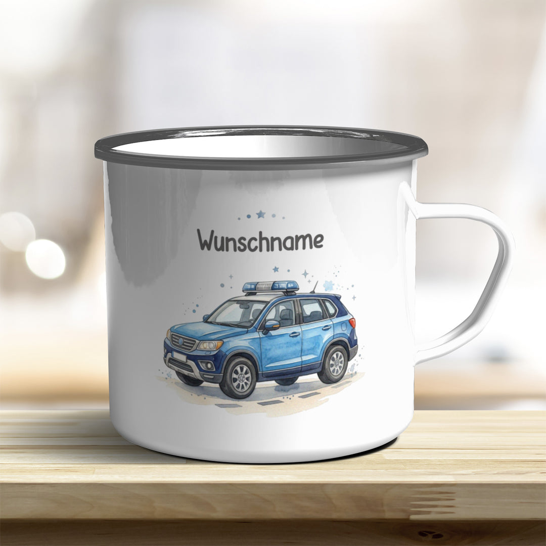 Emaillebecher Polizeiauto personalisierbar mit Namen und Edelstahlrand