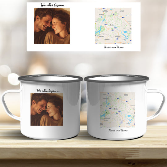 Personalisierte Tasse Wo alles begann – mit Foto, Karte & Namen