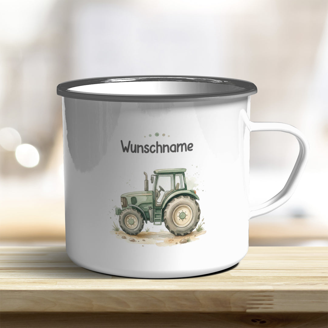 Emaillebecher Traktor personalisierbar mit Namen und Edelstahlrand