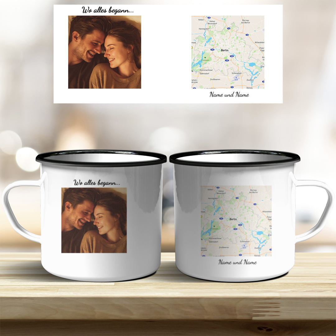 Personalisierte Tasse Wo alles begann – mit Foto, Karte & Namen