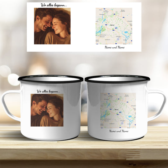 Personalisierte Tasse Wo alles begann – mit Foto, Karte & Namen