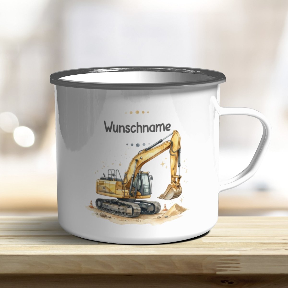 Emaillebecher Bagger personalisierbar mit Namen und Edelstahlrand - all-yours24