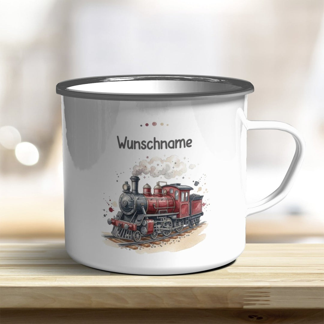 Emaillebecher Dampflok personalisierbar mit Namen und Edelstahlrand - all-yours24