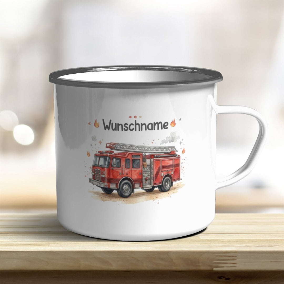 Emaillebecher Feuerwehrauto personalisierbar mit Namen und Edelstahlrand - all-yours24