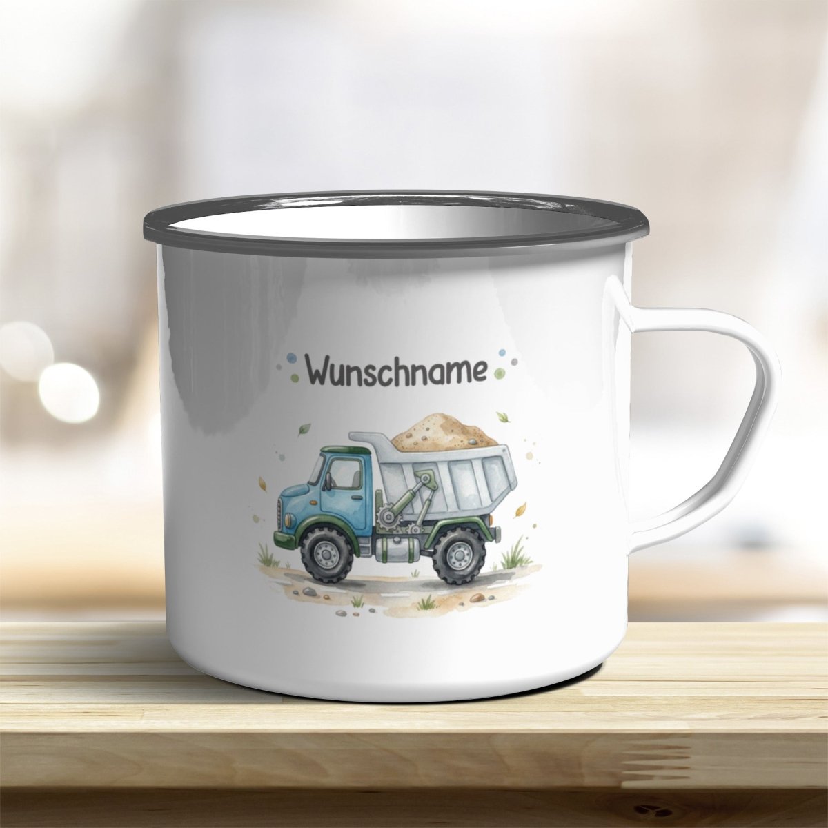 Emaillebecher LKW personalisierbar mit Namen und Edelstahlrand - all-yours24