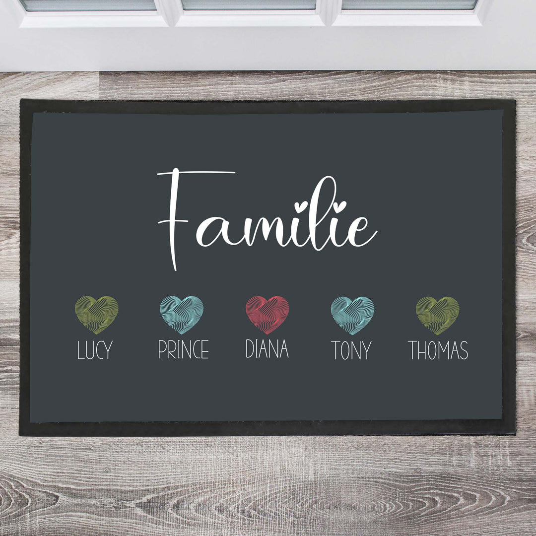 Familie mit bunten Herzen Fußmatte, Schmutzfangmatte, Fußmatte personalisiert, Türmatte, Personalisierte Fußmatte, Geschenk zum Einzug - all - yours24