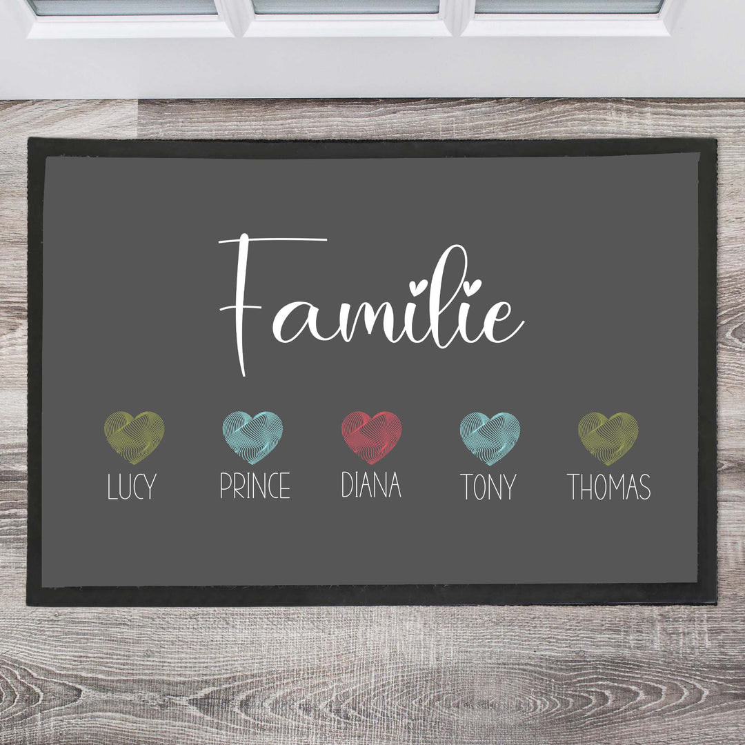 Familie mit bunten Herzen Fußmatte, Schmutzfangmatte, Fußmatte personalisiert, Türmatte, Personalisierte Fußmatte, Geschenk zum Einzug - all - yours24