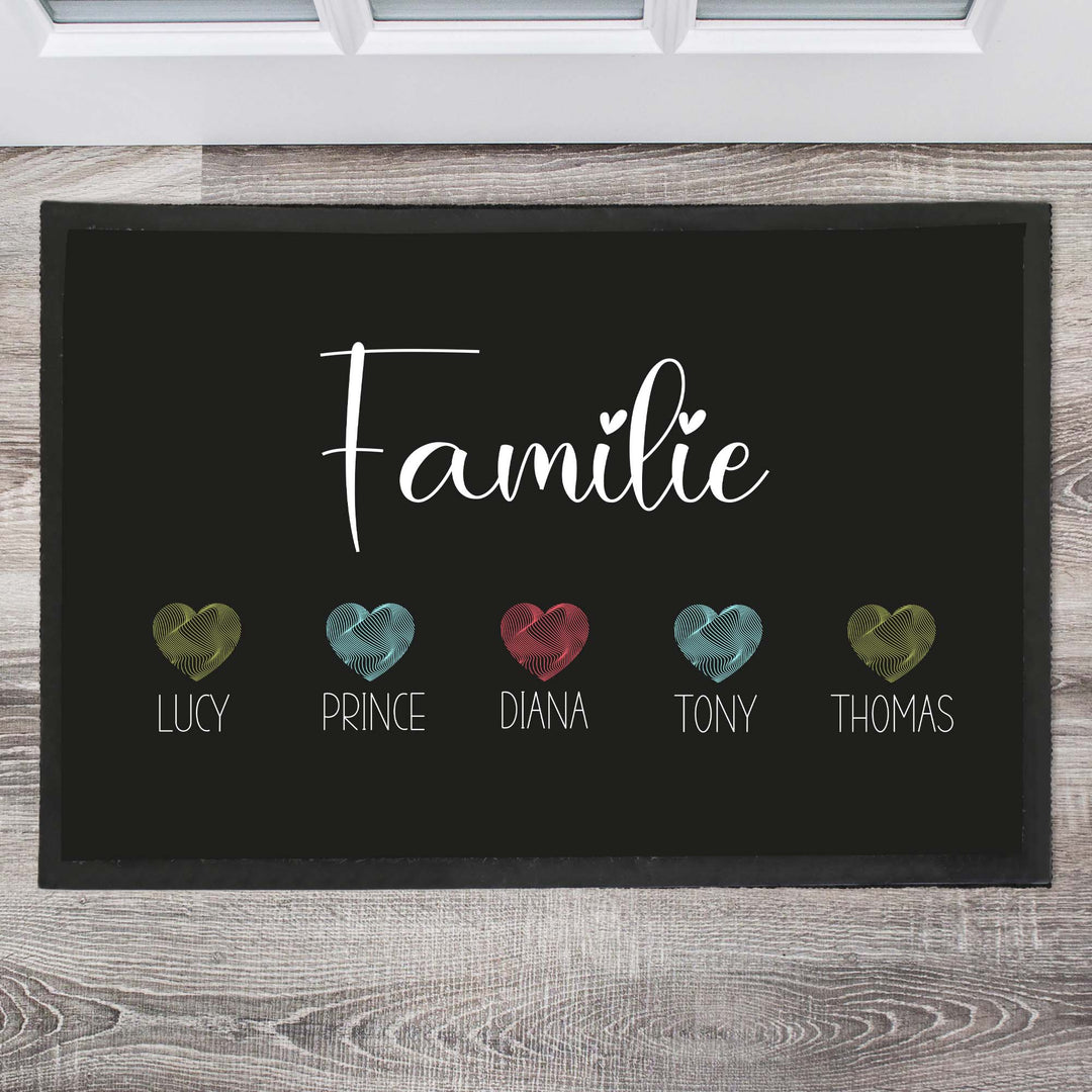 Familie mit bunten Herzen Fußmatte, Schmutzfangmatte, Fußmatte personalisiert, Türmatte, Personalisierte Fußmatte, Geschenk zum Einzug - all - yours24