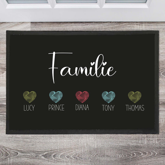 Familie mit bunten Herzen Fußmatte, Schmutzfangmatte, Fußmatte personalisiert, Türmatte, Personalisierte Fußmatte, Geschenk zum Einzug - all - yours24