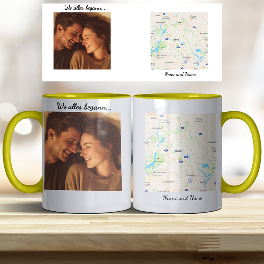 Personalisierte Tasse Wo alles begann – mit Foto, Karte & Namen