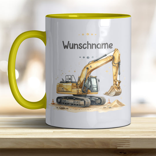 Kindertasse Bagger personalisierbar mit Namen in verschiedenen Farben