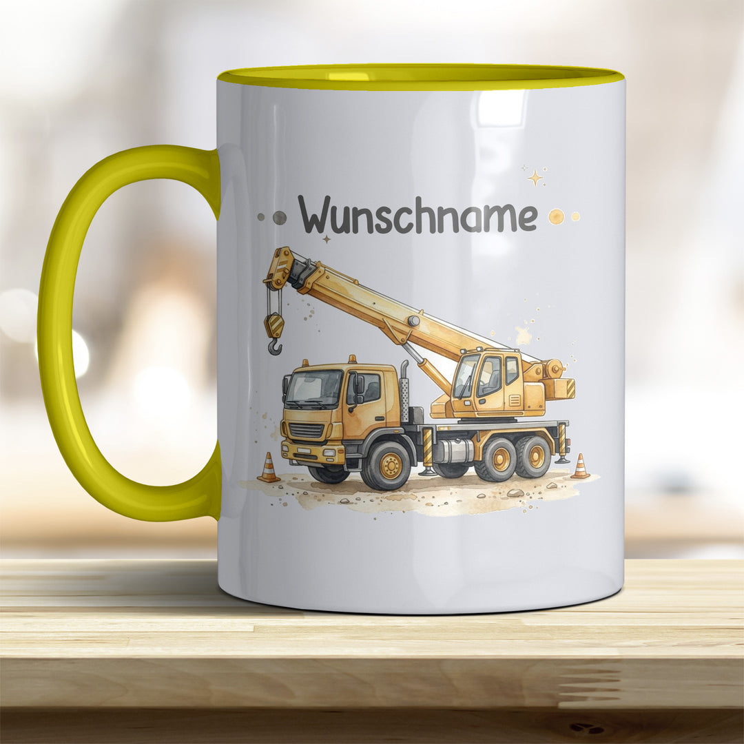 Kindertasse Kran personalisierbar mit Namen in verschiedenen Farben