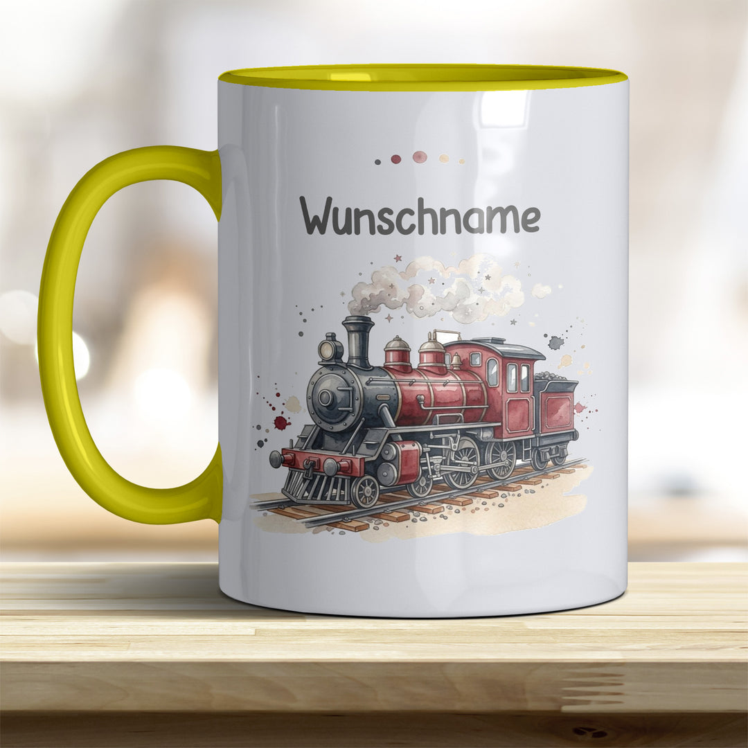 Kindertasse Dampflok personalisierbar mit Namen in verschiedenen Farben