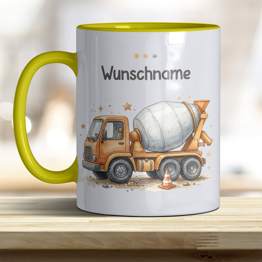 Kindertasse Betonmischer personalisierbar mit Namen in verschiedenen Farben