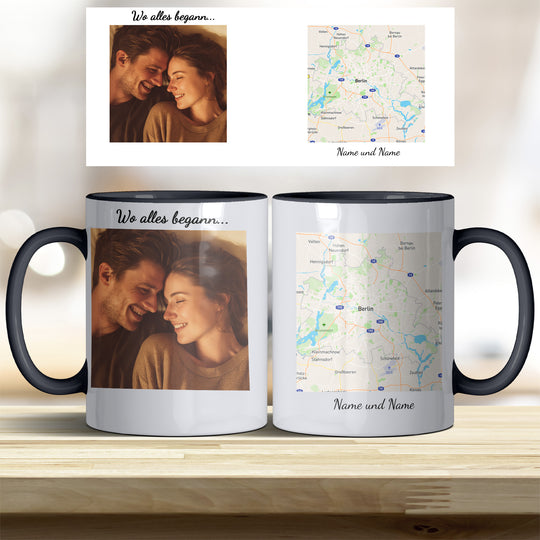 Personalisierte Tasse Wo alles begann – mit Foto, Karte & Namen