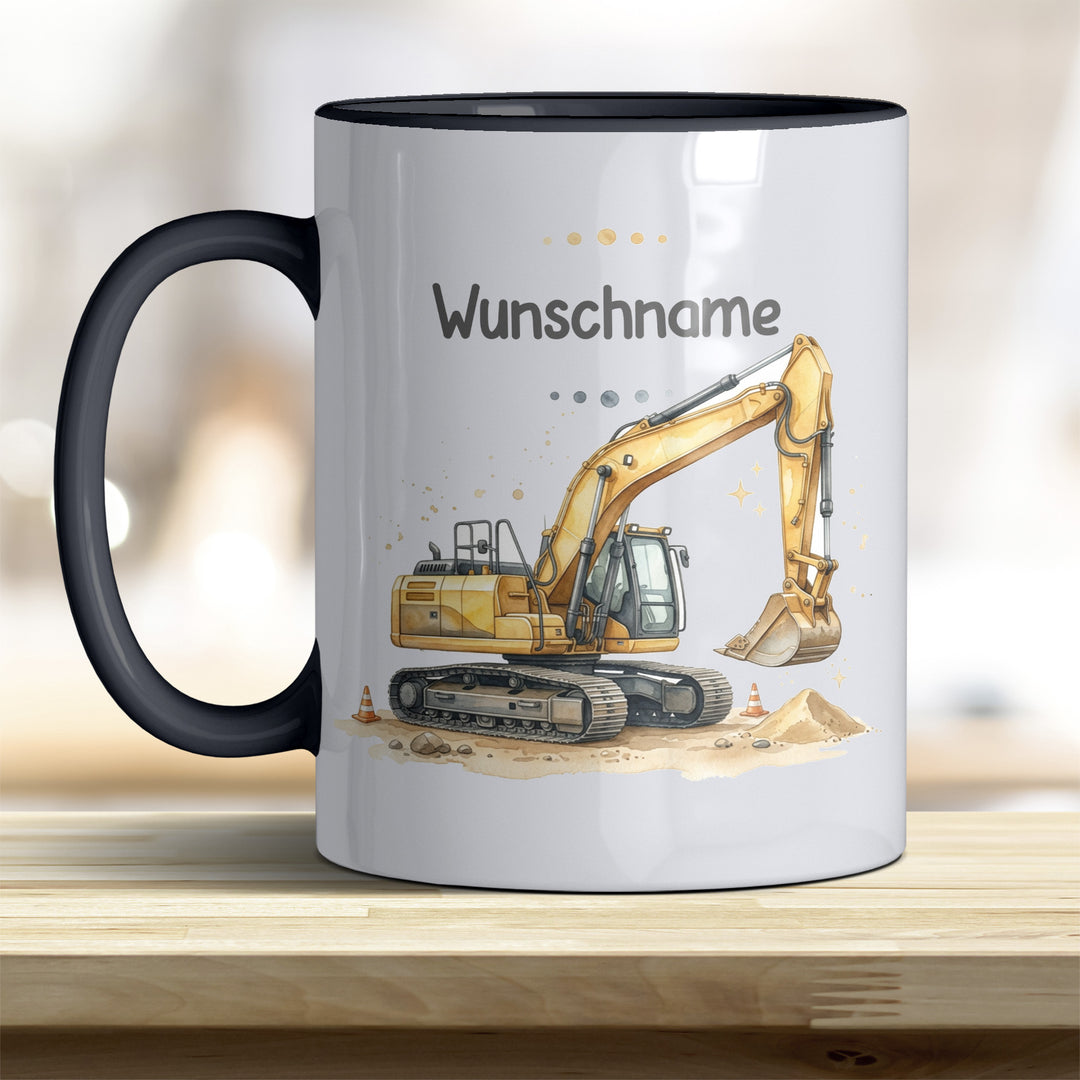 Kindertasse Bagger personalisierbar mit Namen in verschiedenen Farben