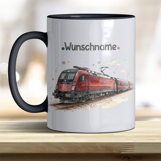 Kindertasse Zug personalisierbar mit Namen in verschiedenen Farben