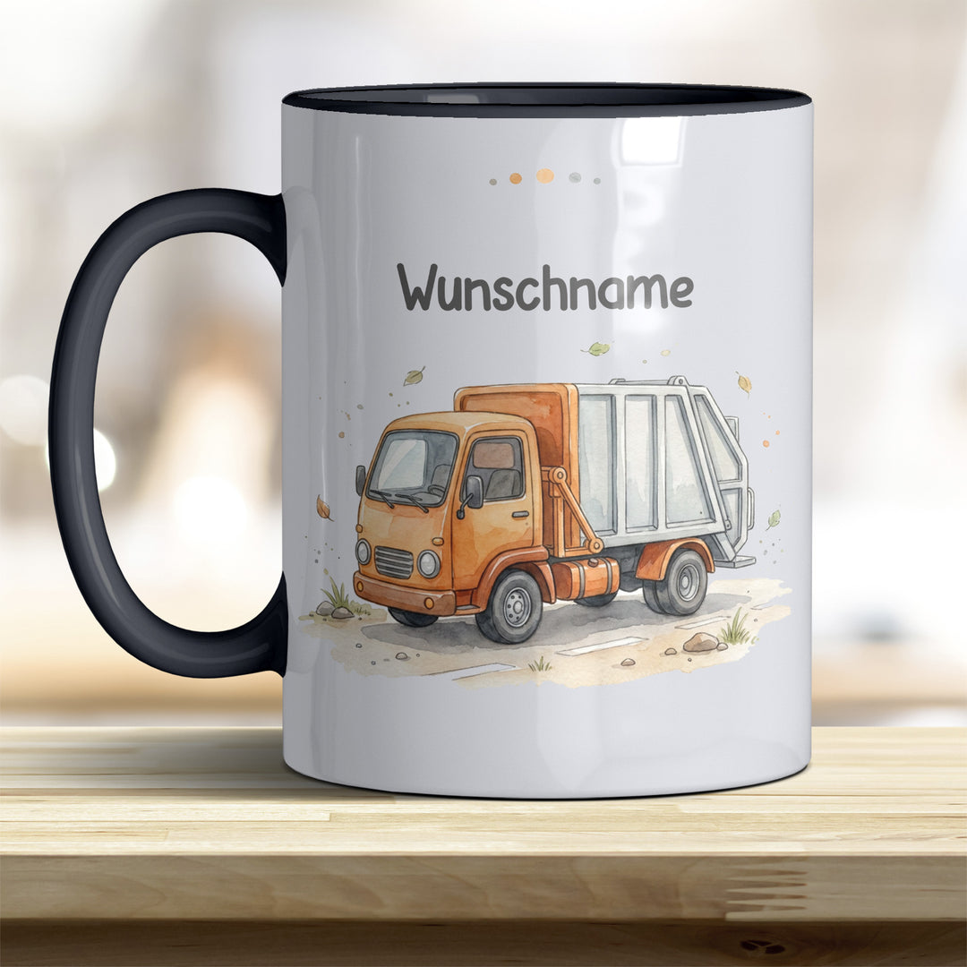Kindertasse Müllauto personalisierbar mit Namen in verschiedenen Farben