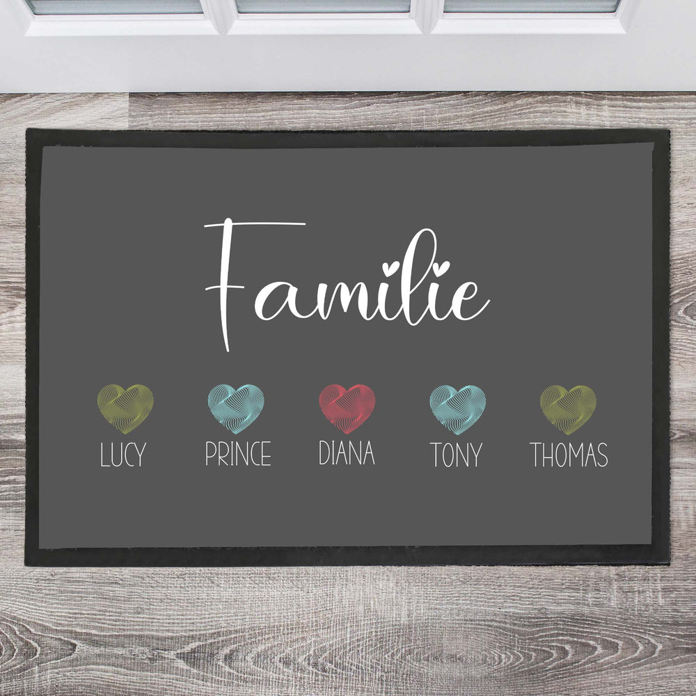 Familie mit bunten Herzen Fußmatte, Schmutzfangmatte, Fußmatte personalisiert, Türmatte, Personalisierte Fußmatte, Geschenk zum Einzug