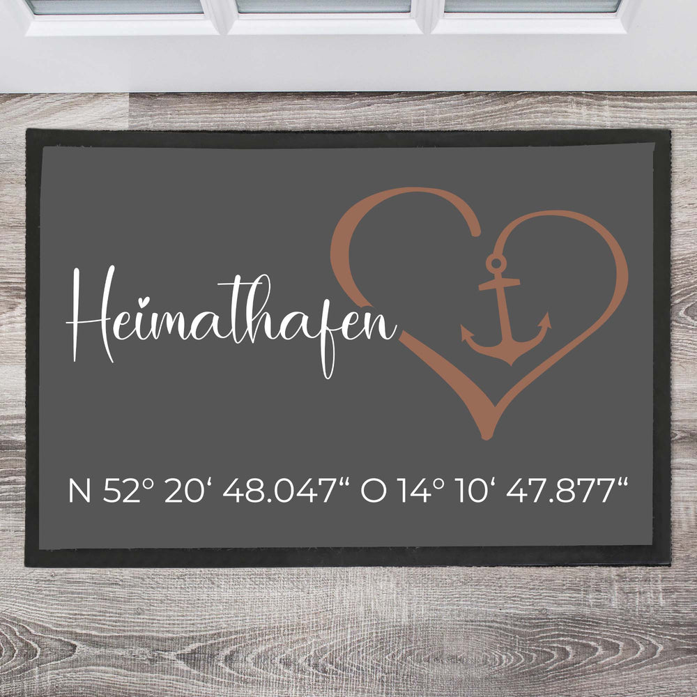 Heimathafen mit Herz und Koordinaten Fußmatte, Schmutzfangmatte, Fußmatte personalisiert, Türmatte, Personalisierte Fußmatte,