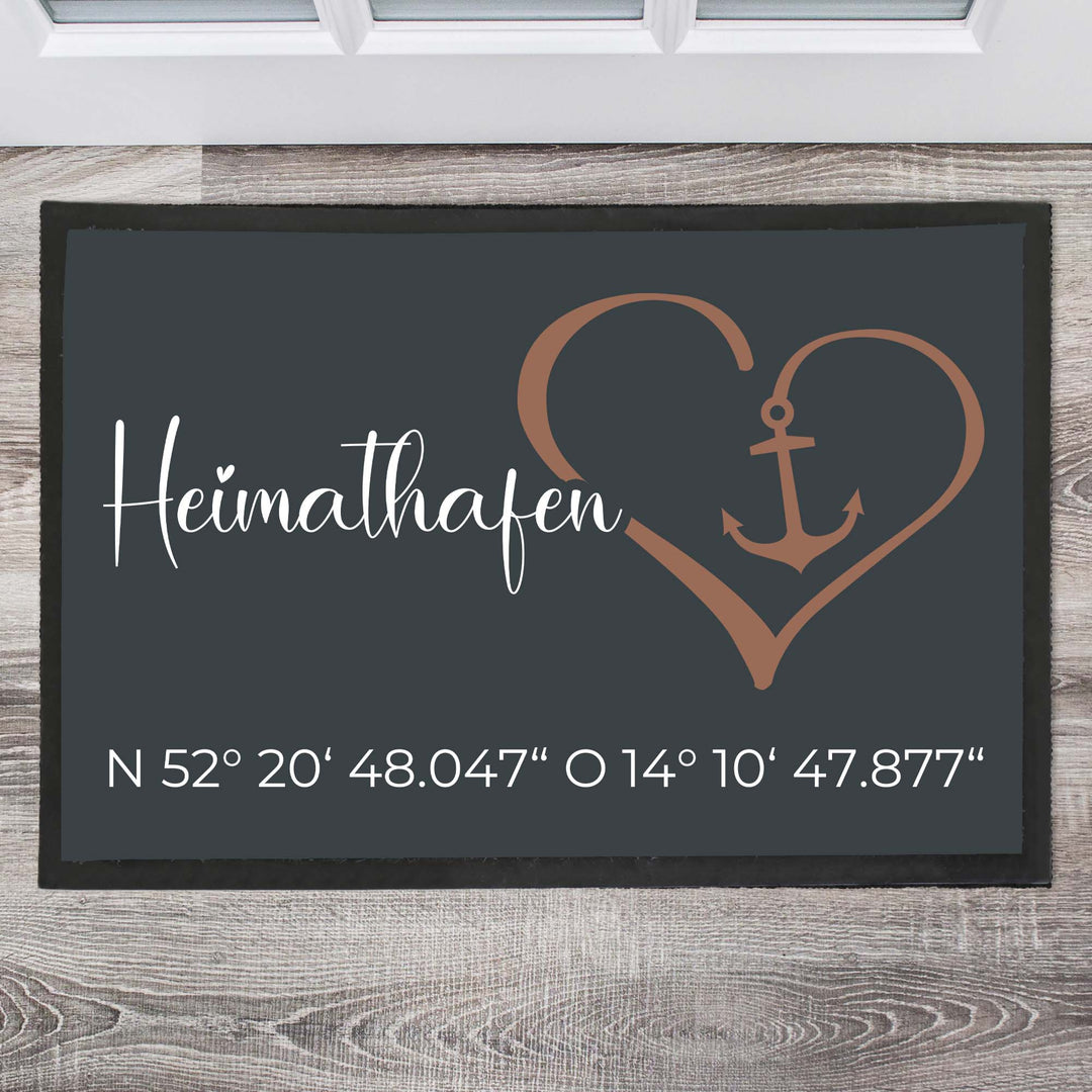 Heimathafen mit Herz und Koordinaten Fußmatte, Schmutzfangmatte, Fußmatte personalisiert, Türmatte, Personalisierte Fußmatte, - all - yours24