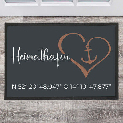 Heimathafen mit Herz und Koordinaten Fußmatte, Schmutzfangmatte, Fußmatte personalisiert, Türmatte, Personalisierte Fußmatte,