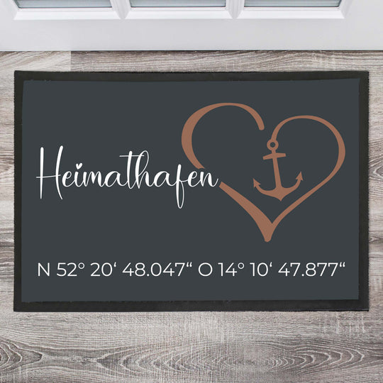 Heimathafen mit Herz und Koordinaten Fußmatte, Schmutzfangmatte, Fußmatte personalisiert, Türmatte, Personalisierte Fußmatte, - all - yours24
