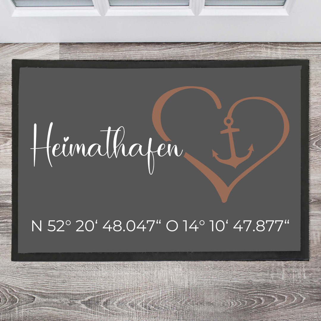 Heimathafen mit Herz und Koordinaten Fußmatte, Schmutzfangmatte, Fußmatte personalisiert, Türmatte, Personalisierte Fußmatte, - all - yours24