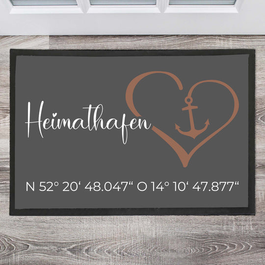 Heimathafen mit Herz und Koordinaten Fußmatte, Schmutzfangmatte, Fußmatte personalisiert, Türmatte, Personalisierte Fußmatte, - all - yours24