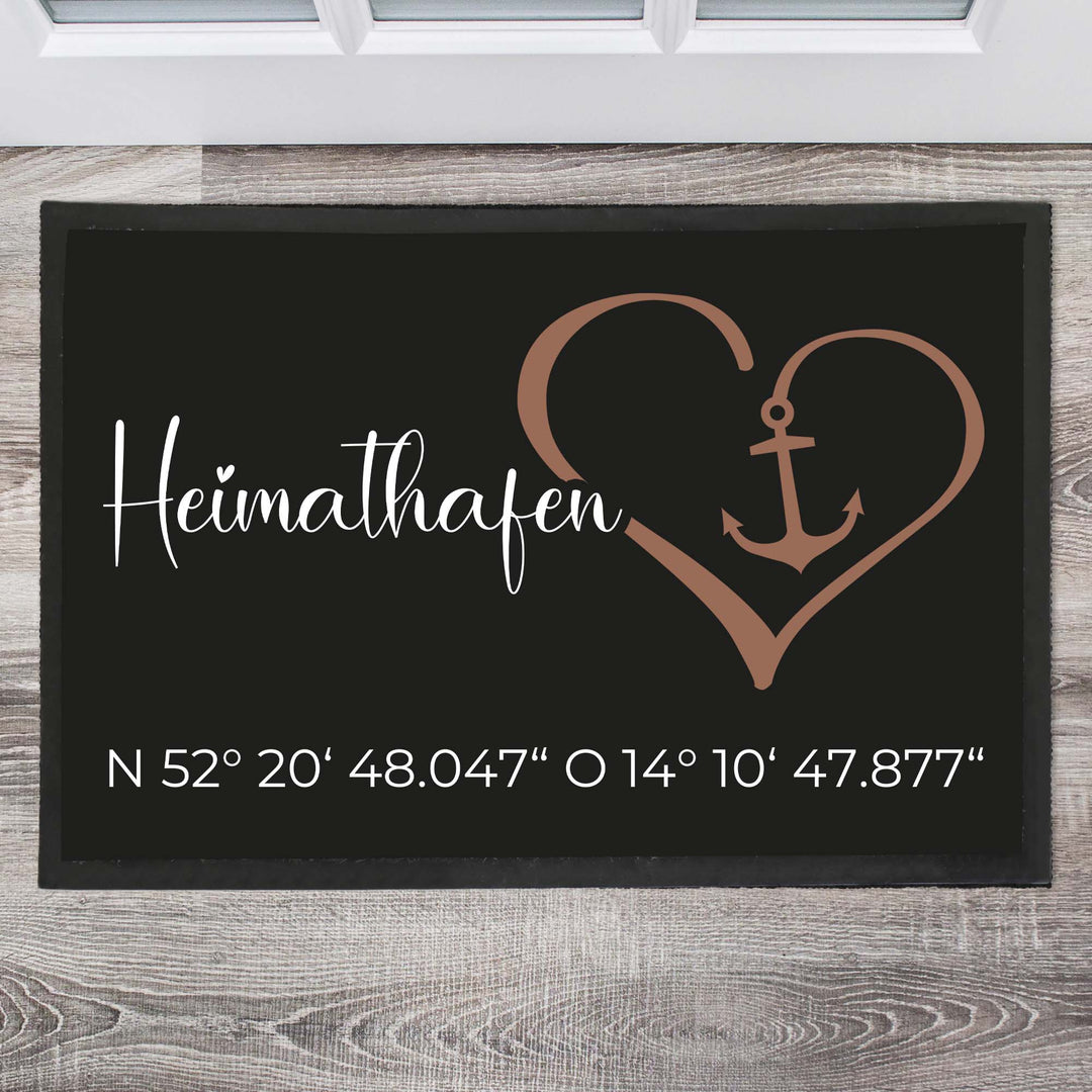 Heimathafen mit Herz und Koordinaten Fußmatte, Schmutzfangmatte, Fußmatte personalisiert, Türmatte, Personalisierte Fußmatte, - all - yours24
