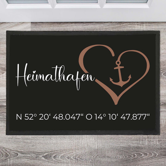 Heimathafen mit Herz und Koordinaten Fußmatte, Schmutzfangmatte, Fußmatte personalisiert, Türmatte, Personalisierte Fußmatte, - all - yours24