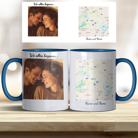 Personalisierte Tasse Wo alles begann – mit Foto, Karte & Namen