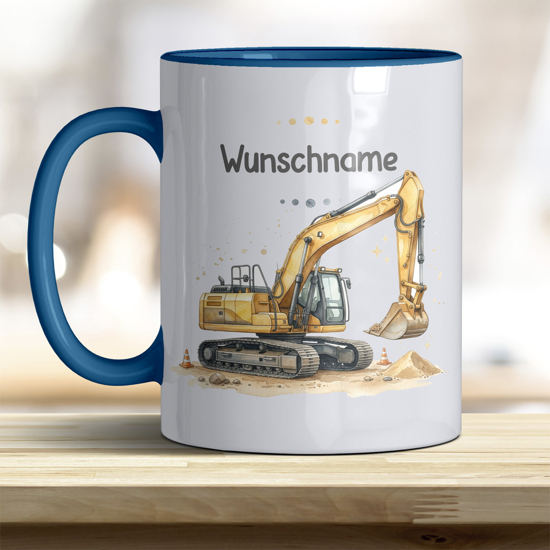 Kindertasse Bagger personalisierbar mit Namen in verschiedenen Farben