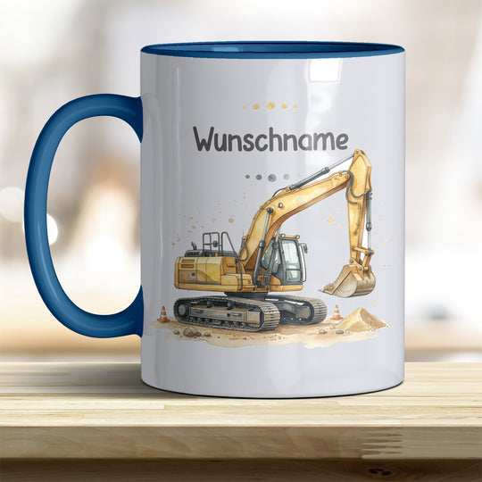 Kindertasse Bagger personalisierbar mit Namen in verschiedenen Farben
