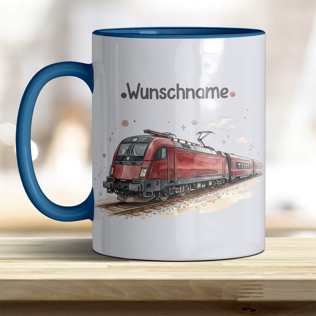 Kindertasse Zug personalisierbar mit Namen in verschiedenen Farben