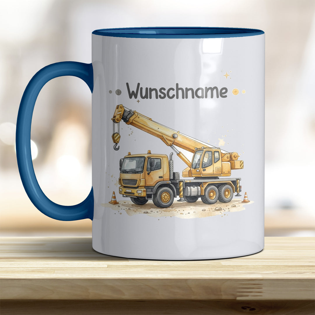 Kindertasse Kran personalisierbar mit Namen in verschiedenen Farben
