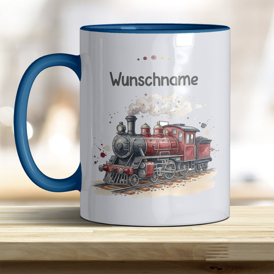Kindertasse Dampflok personalisierbar mit Namen in verschiedenen Farben