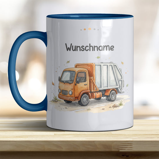 Kindertasse Müllauto personalisierbar mit Namen in verschiedenen Farben