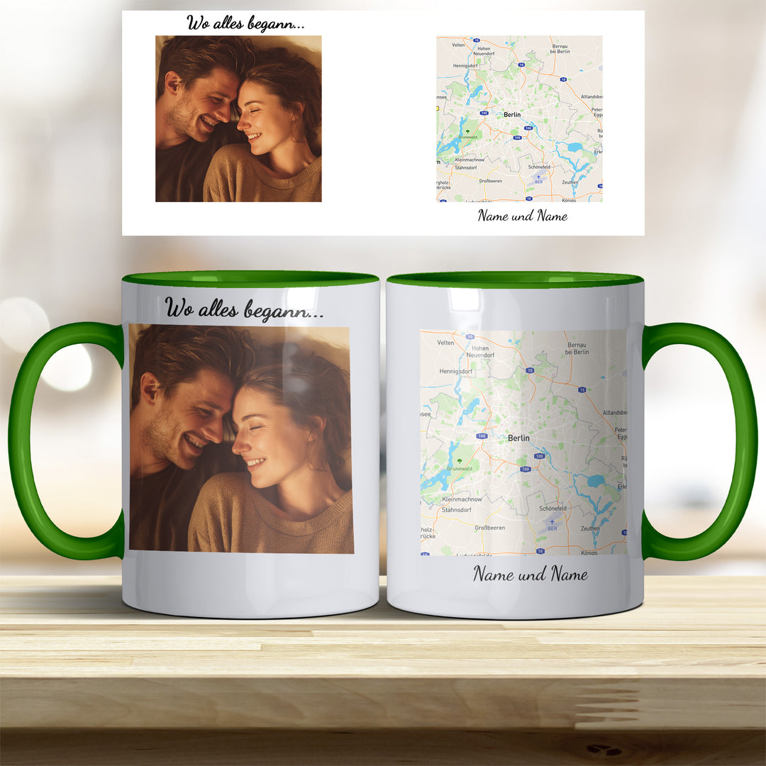 Personalisierte Tasse Wo alles begann – mit Foto, Karte & Namen