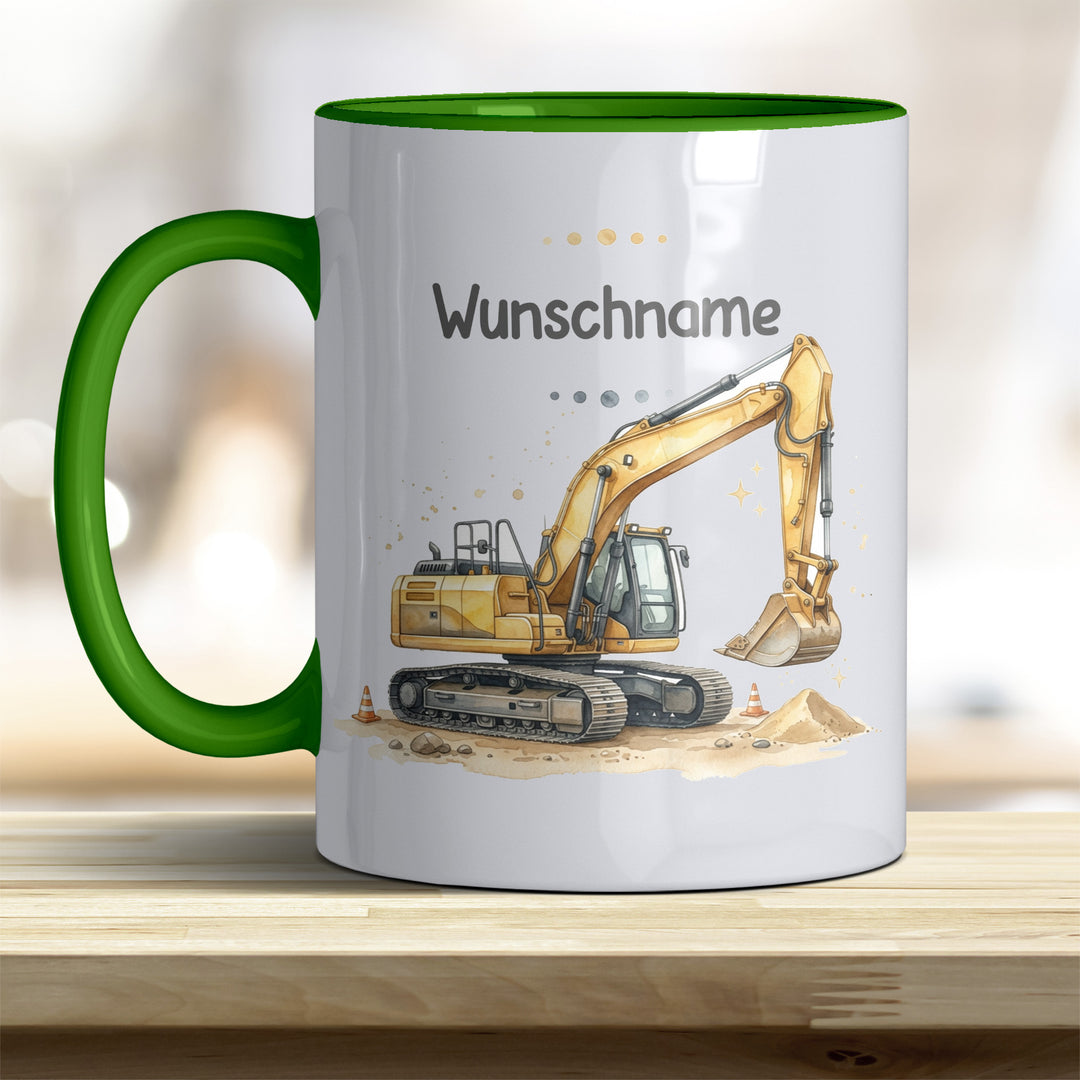 Kindertasse Bagger personalisierbar mit Namen in verschiedenen Farben