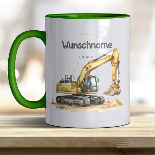 Kindertasse Bagger personalisierbar mit Namen in verschiedenen Farben