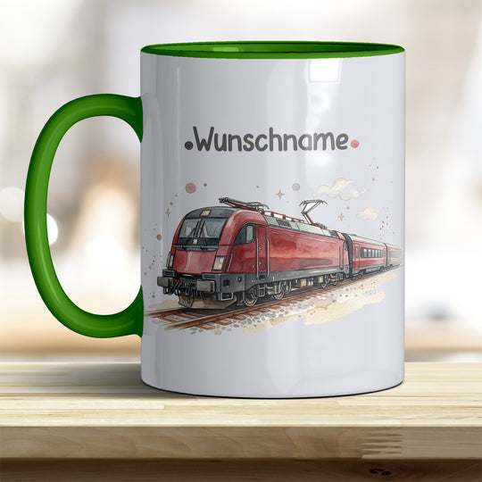 Kindertasse Zug personalisierbar mit Namen in verschiedenen Farben