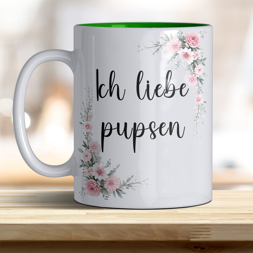Ich liebe pupsen: Keramik-Kaffeebecher – Humorvoll & Hochwertig - Innen hellgrün