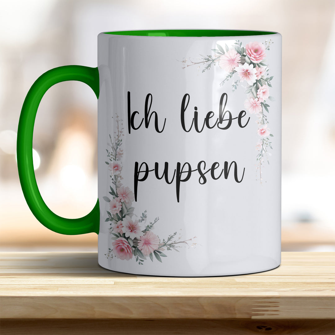 Ich liebe pupsen: Keramik-Kaffeebecher – Humorvoll & Hochwertig - Henkel innen hellgrün