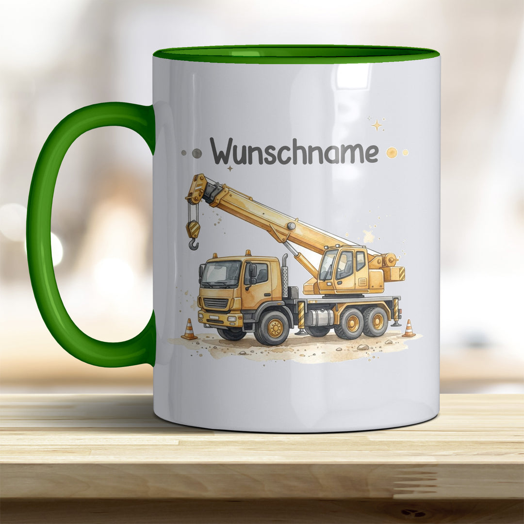 Kindertasse Kran personalisierbar mit Namen in verschiedenen Farben