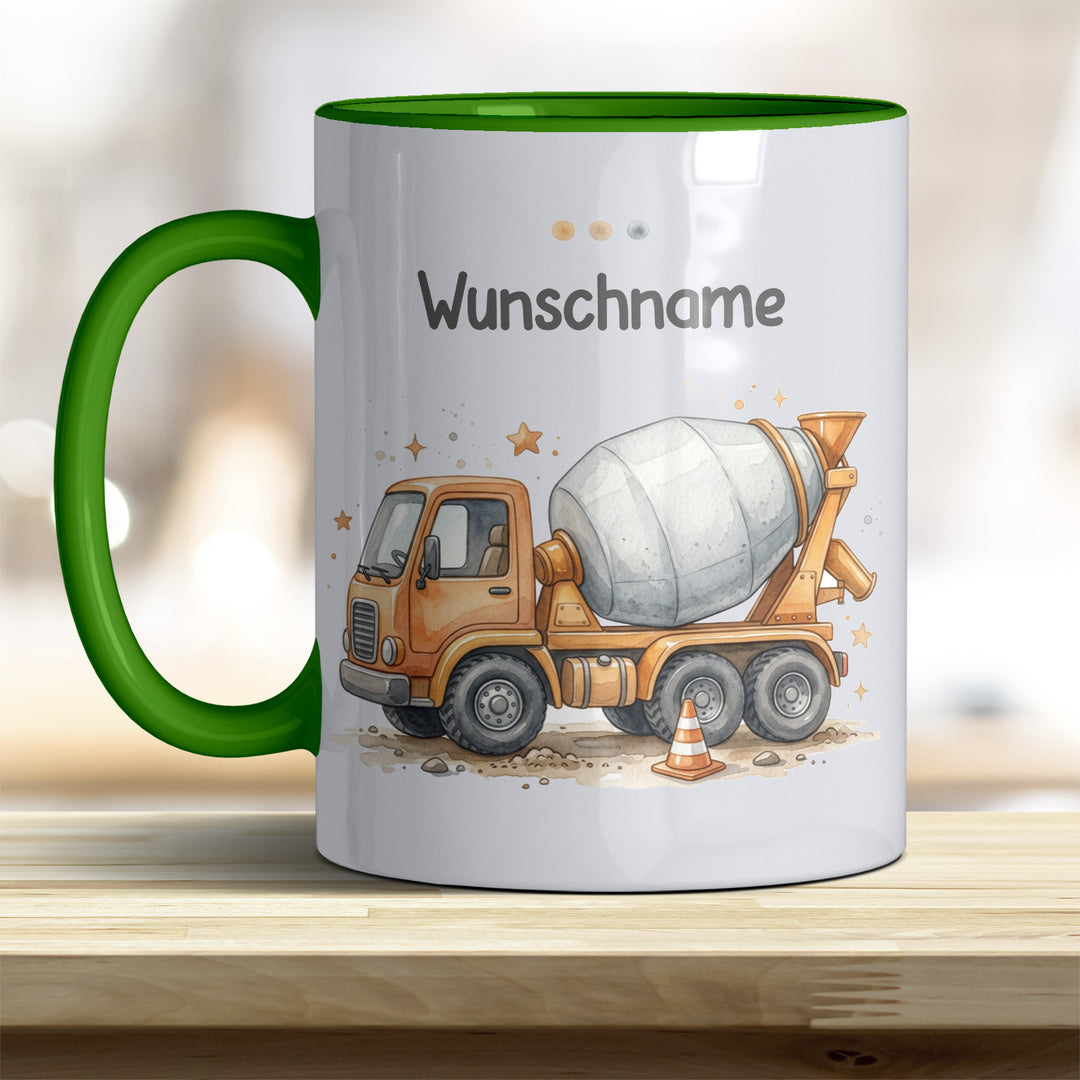 Kindertasse Betonmischer personalisierbar mit Namen in verschiedenen Farben