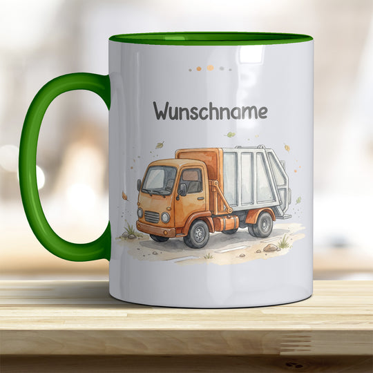 Kindertasse Müllauto personalisierbar mit Namen in verschiedenen Farben