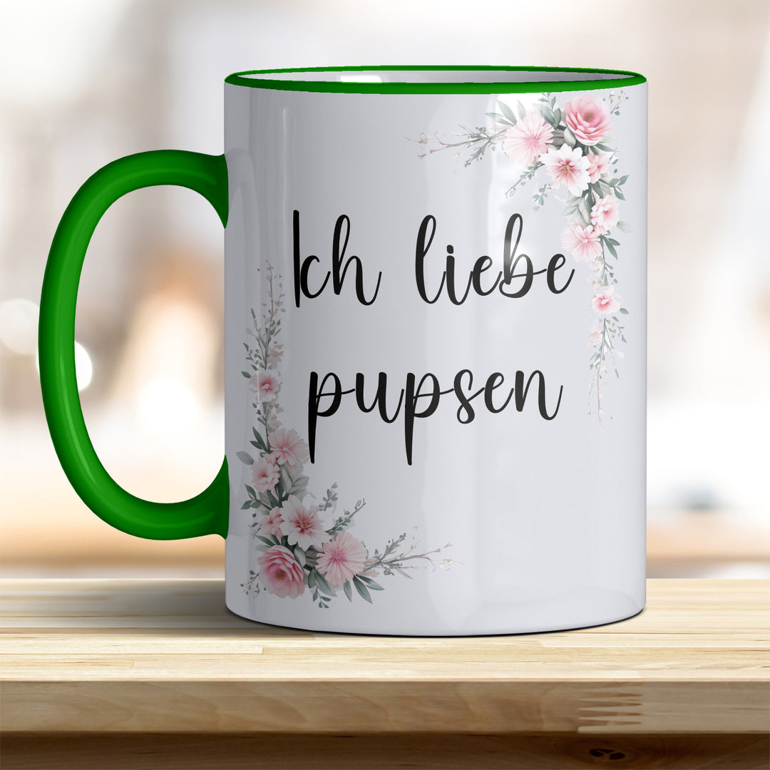 Ich liebe pupsen: Keramik-Kaffeebecher – Humorvoll & Hochwertig - Henkel Rand hellgrün