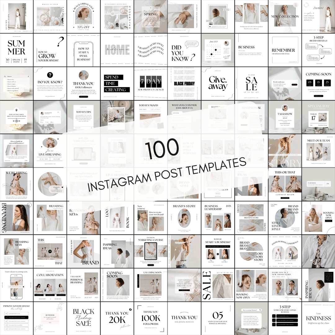 Instagram Post - Vorlagen - Set - 100 weiße Instagram Templates - Professionelle Social Media Grafiken - all - yours24
