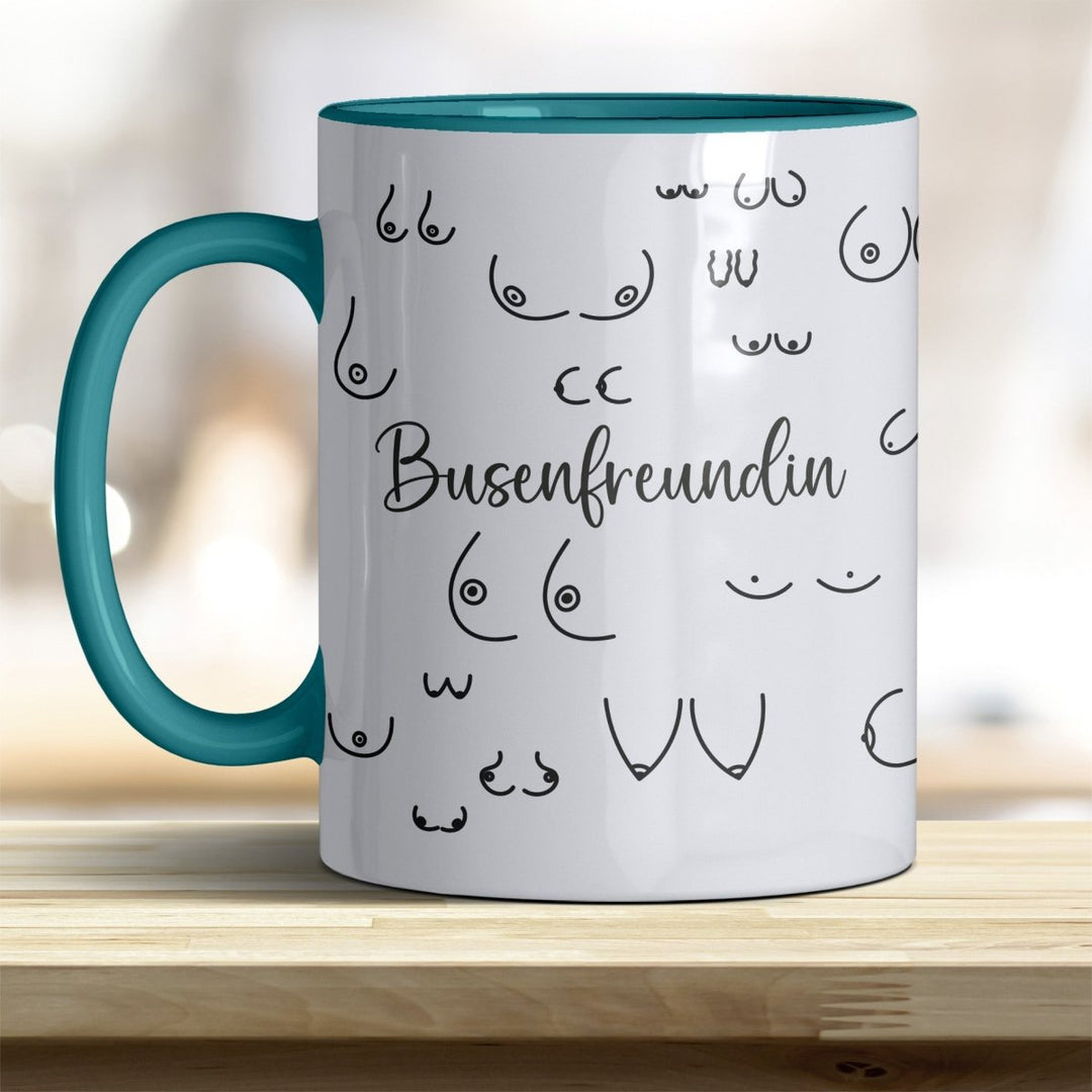 Kaffeebecher Tasse Busenfreundin – Lustiges Geschenk mit trendigen Rand - und Henkelfarben - all - yours24